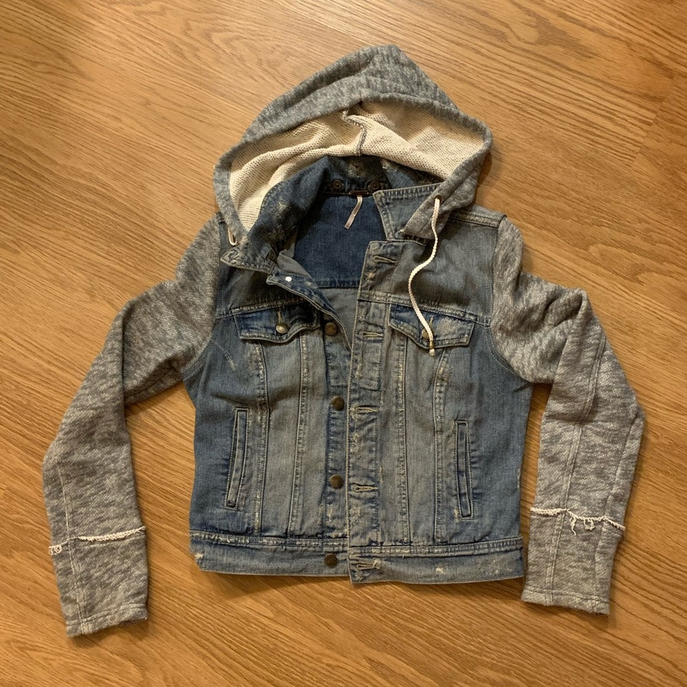 Free People Denim Knit Hooded Jean Jacket